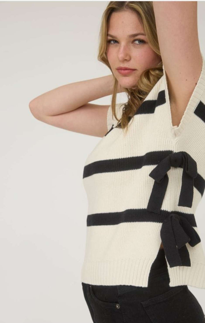 Women's cream and black stripe short sleeve knit sweater with side tie detail – lightweight casual top