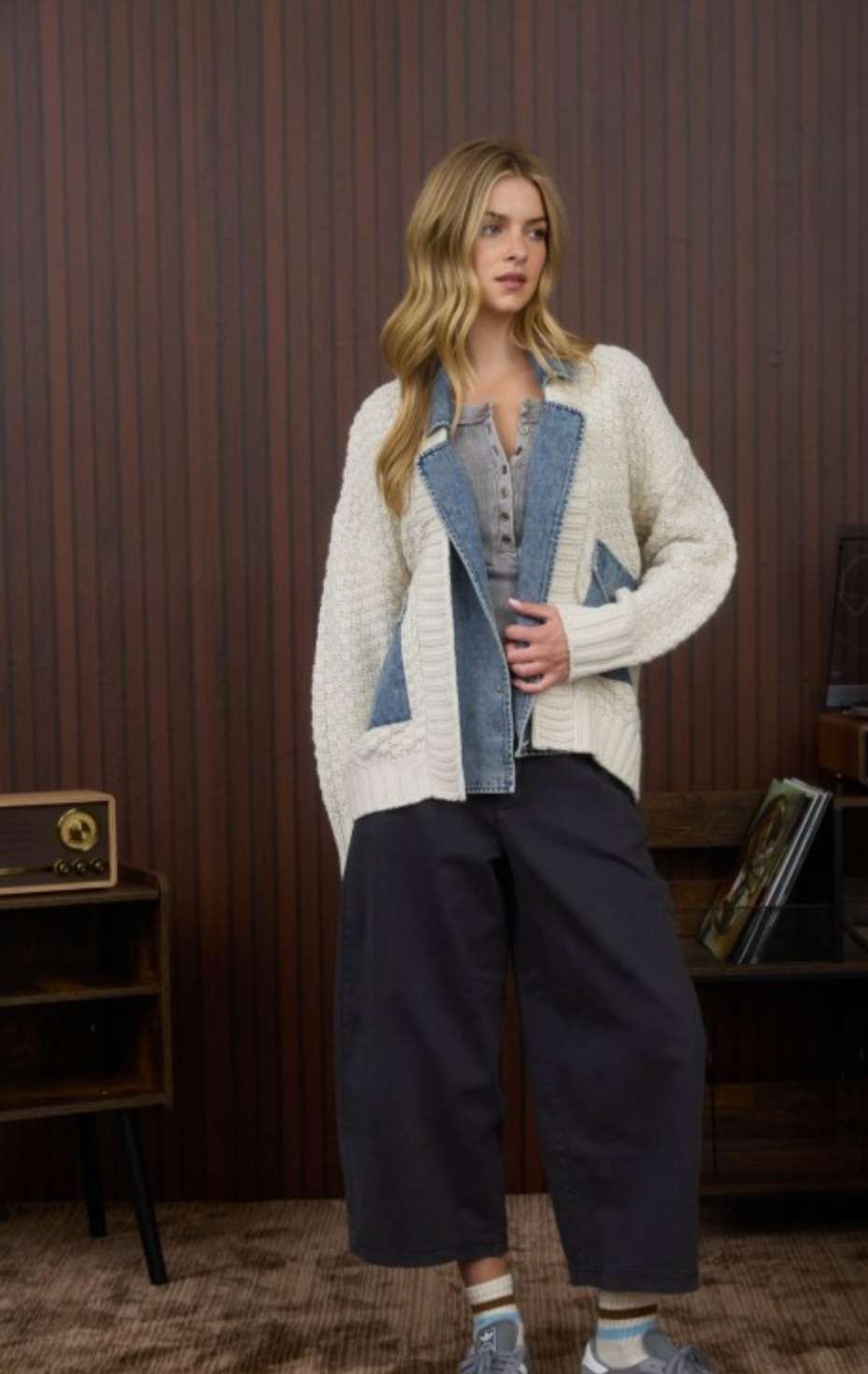 Women's cream mix media cable knit jacket with denim trim – cozy textured knit outerwear with contrast denim accents