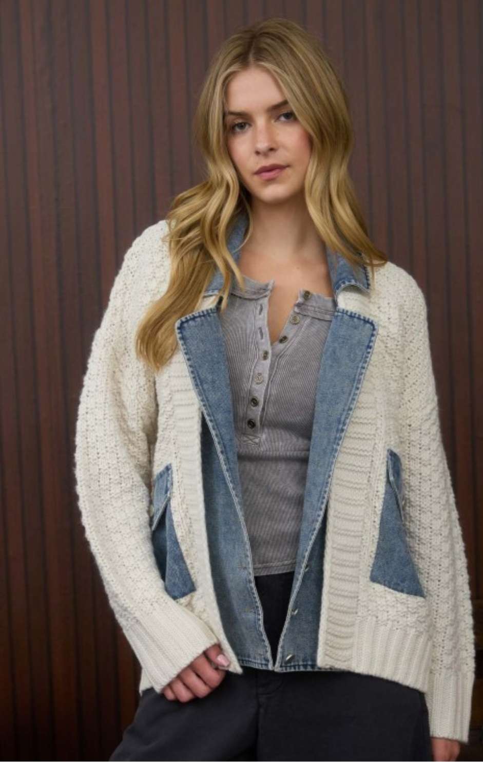 Women's cream mix media cable knit jacket with denim trim – cozy textured knit outerwear with contrast denim accents