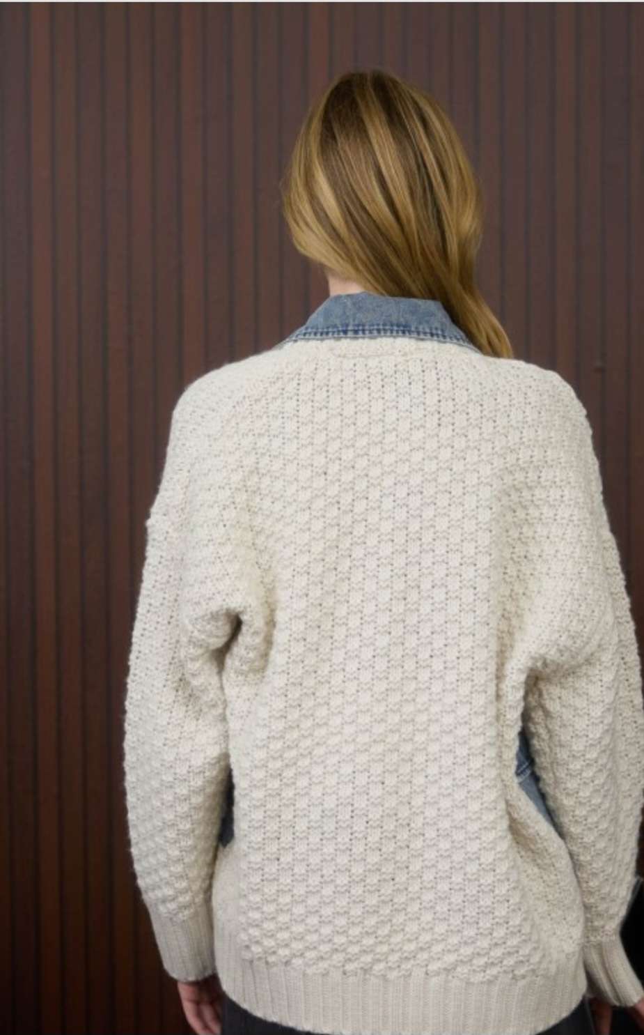 Women's cream mix media cable knit jacket with denim trim – cozy textured knit outerwear with contrast denim accents