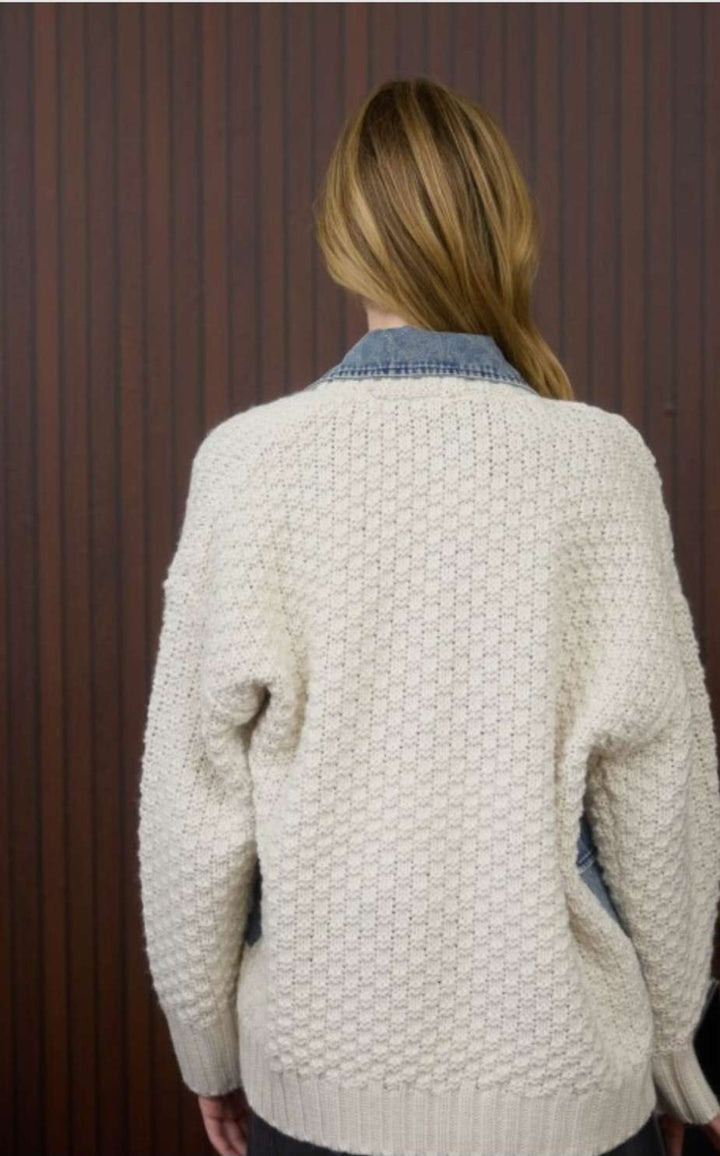 Women's cream mix media cable knit jacket with denim trim – cozy textured knit outerwear with contrast denim accents