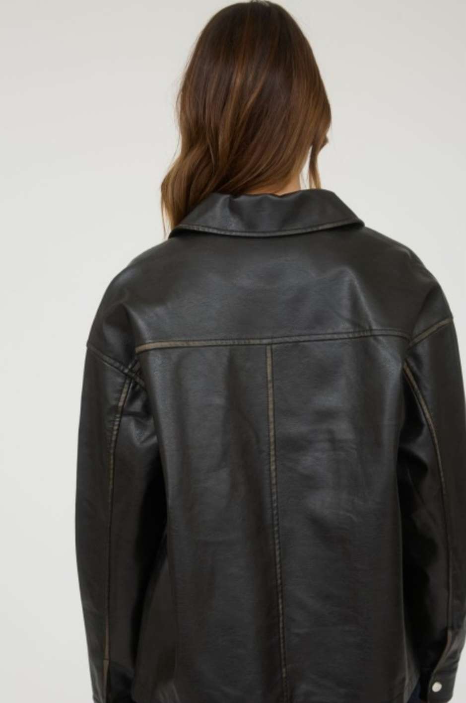 Women's washed black faux leather zipper jacket – moto-inspired vegan leather outerwear with front zip closure