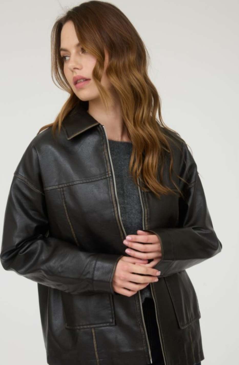 Women's washed black faux leather zipper jacket – moto-inspired vegan leather outerwear with front zip closure