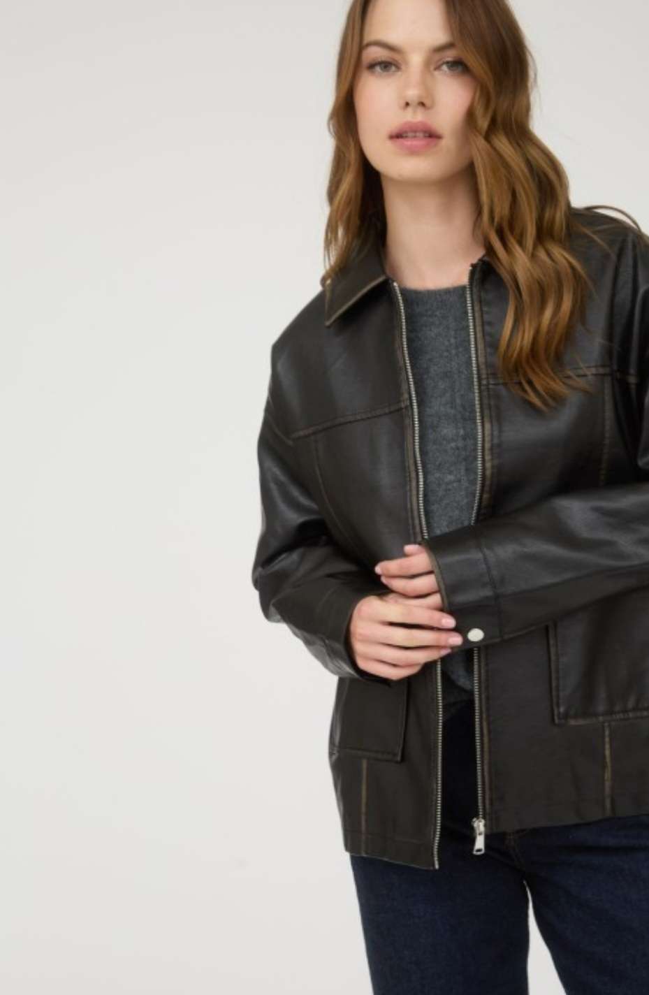 Women's washed black faux leather zipper jacket – moto-inspired vegan leather outerwear with front zip closure