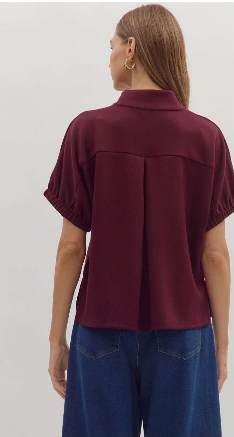 Trendy women's V-neck top in deep burgundy hue