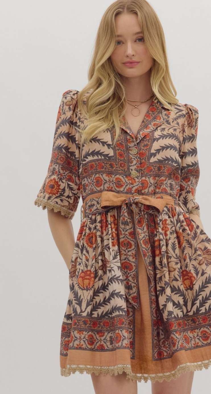 Floral print dress with front buttons and flowy silhouette