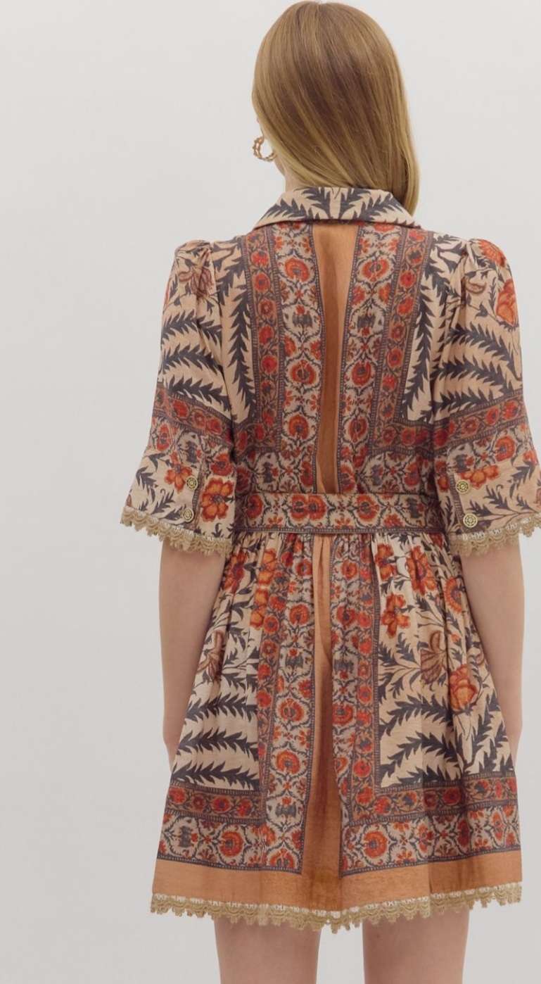 Floral print dress with front buttons and flowy silhouette