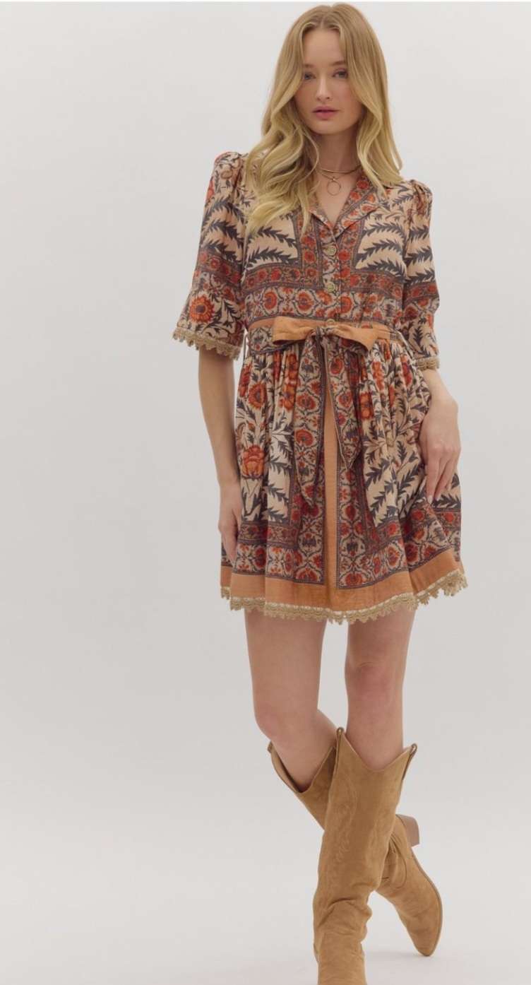 Floral print dress with front buttons and flowy silhouette