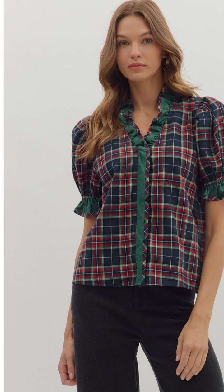Navy blue plaid button-up top with collar