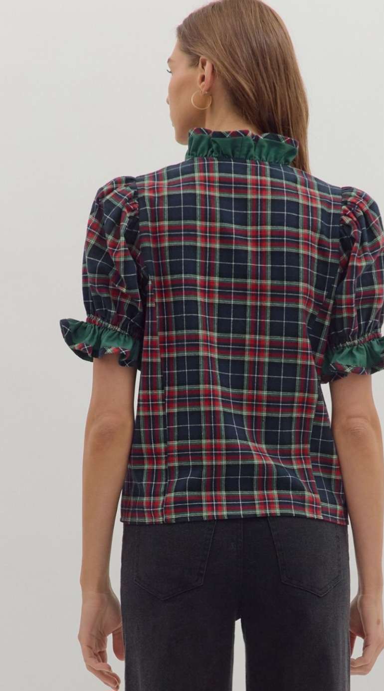 Navy blue plaid button-up top with collar