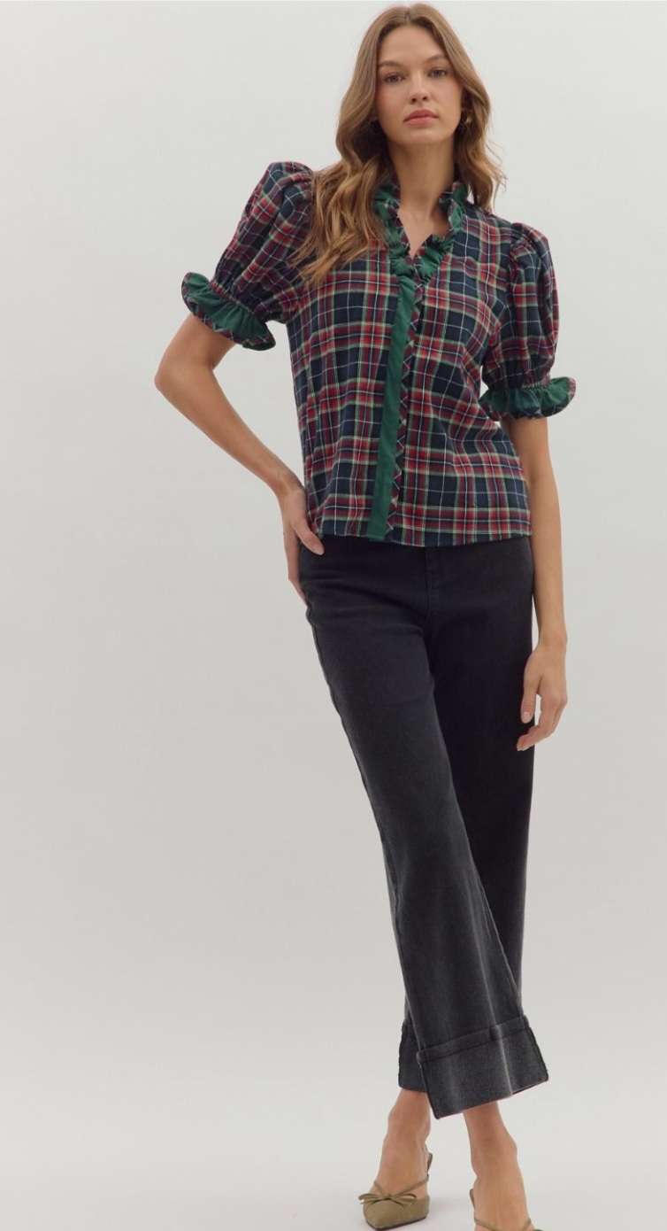 Navy blue plaid button-up top with collar