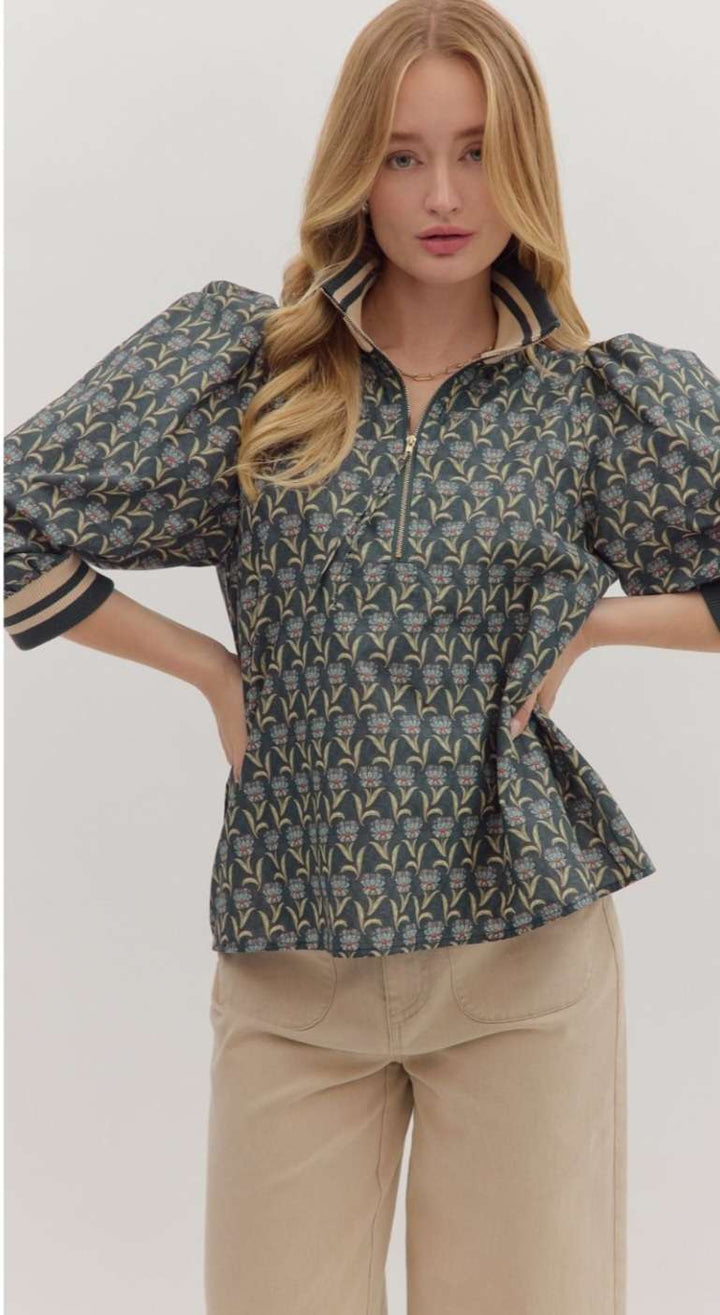 Blue patterned zipper top with collar and front zip closure – perfect blend of comfort and style.