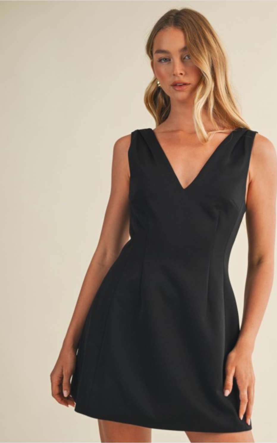 Black mini dress with deep V-neckline