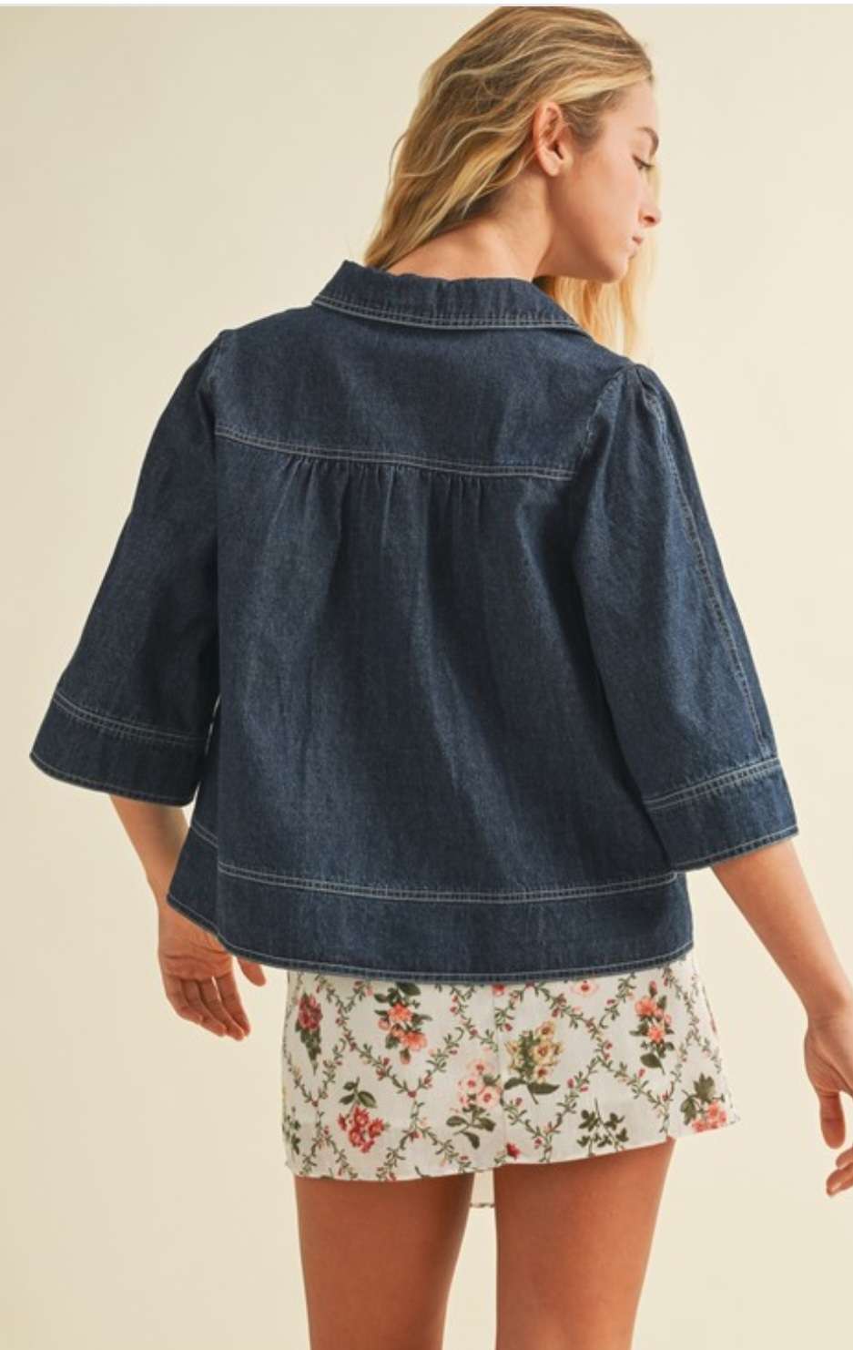 Lightweight V-neck denim top with flowy swing silhouette