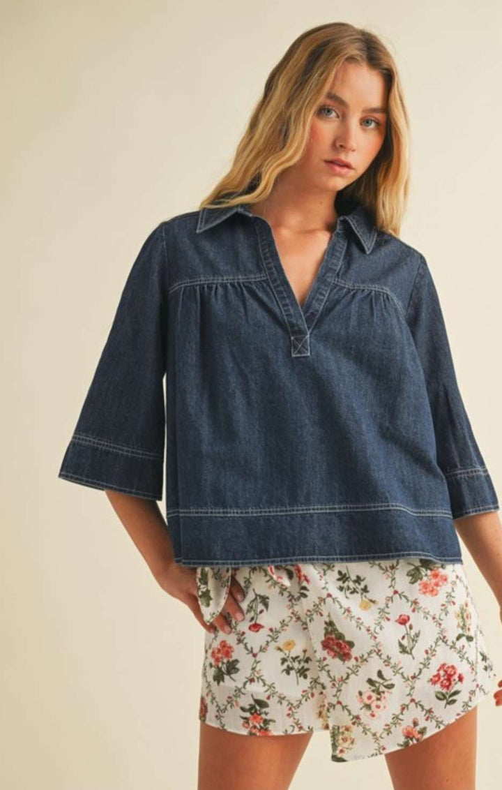 Lightweight V-neck denim top with flowy swing silhouette