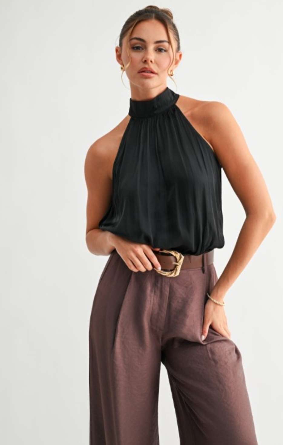 Women's black luxe mock neck tank top with elasticized hem – sleeveless, soft-touch fabric, elevated casual or workwear style