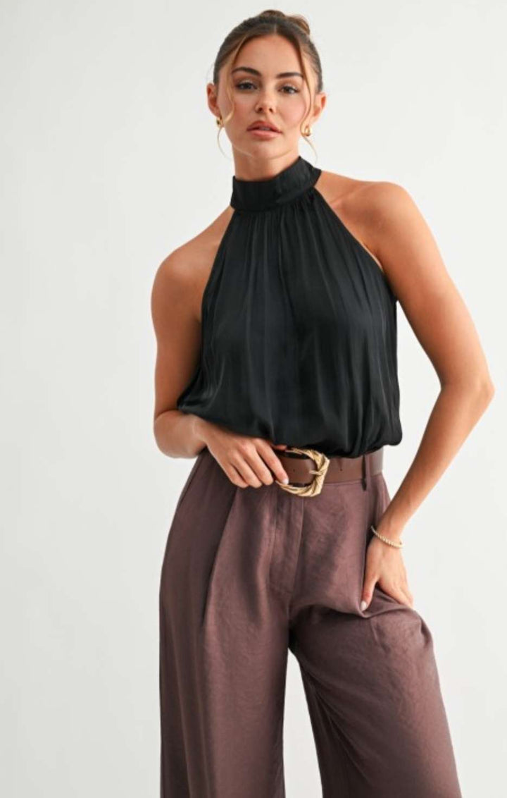 Women's black luxe mock neck tank top with elasticized hem – sleeveless, soft-touch fabric, elevated casual or workwear style