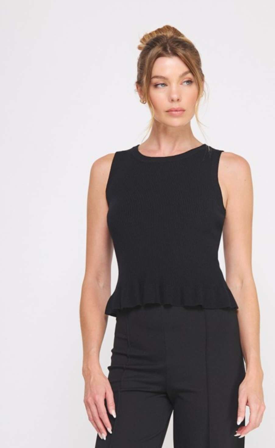 Women's knit peplum tank top – sleeveless fitted blouse with flared hem for casual or dressy wear