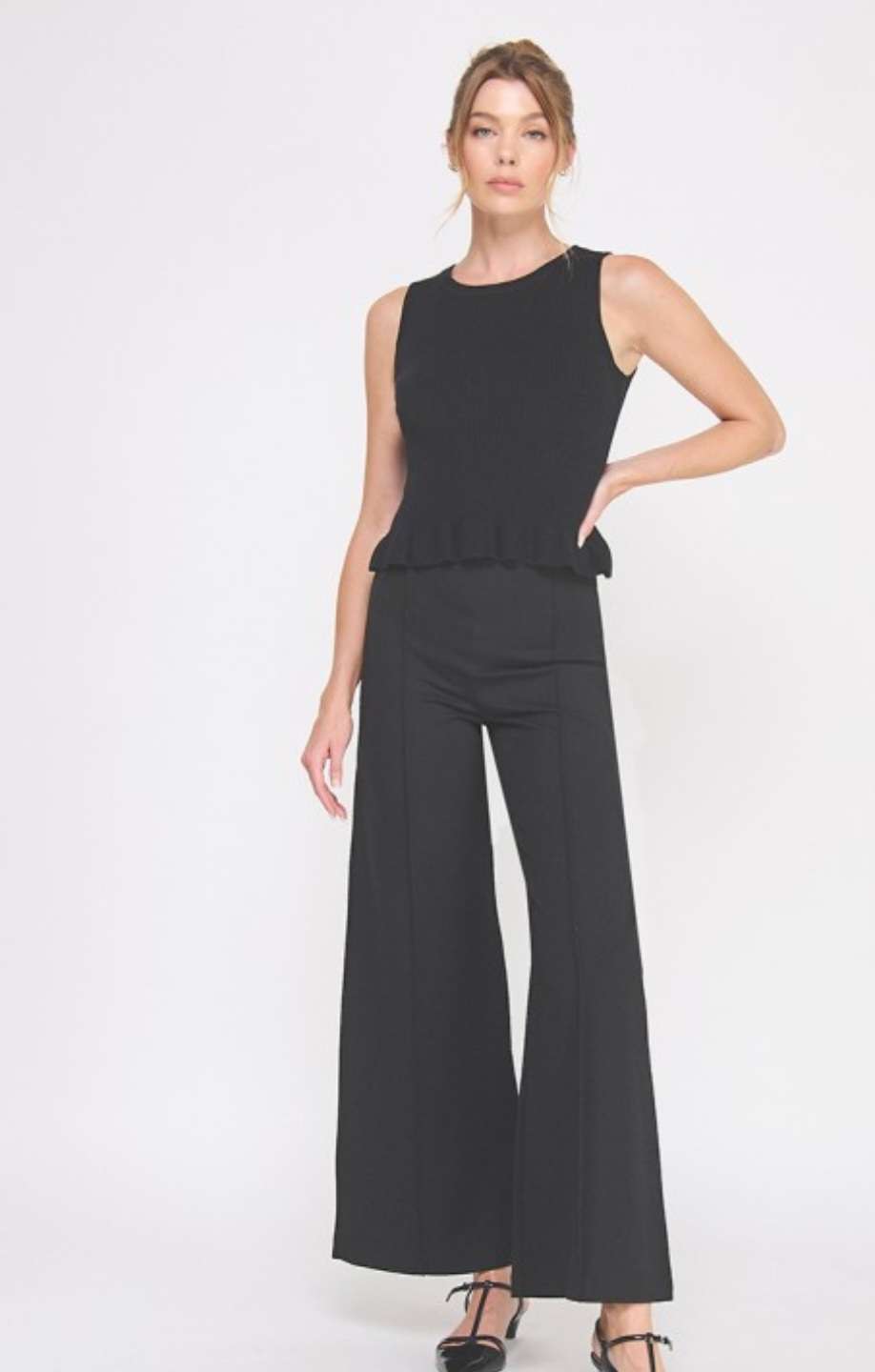 Women's knit peplum tank top – sleeveless fitted blouse with flared hem for casual or dressy wear