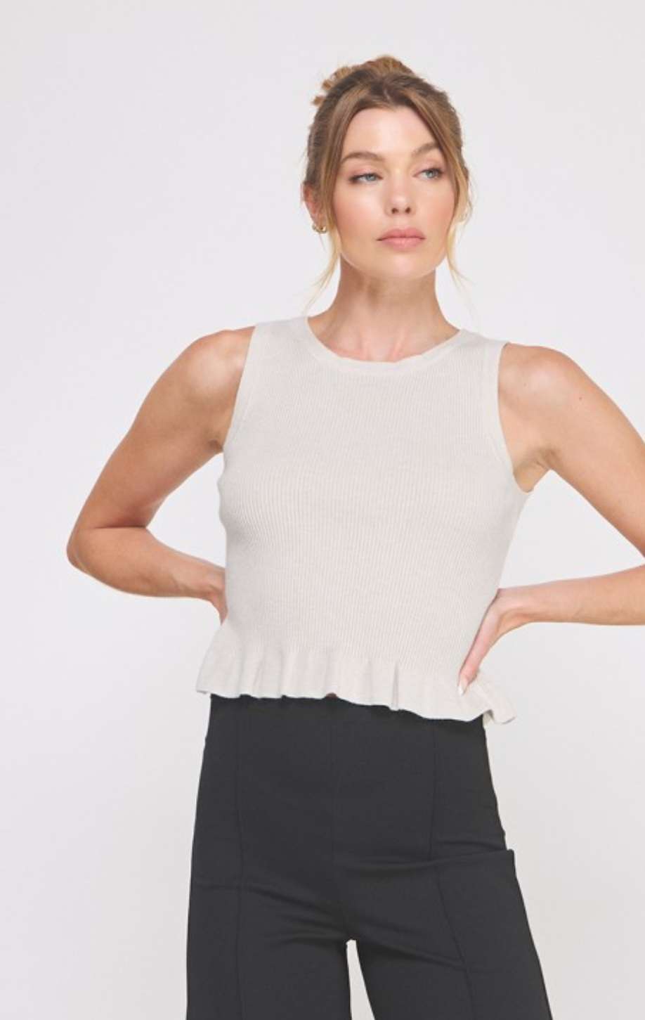 Women's knit peplum tank top – sleeveless fitted blouse with flared hem for casual or dressy wear