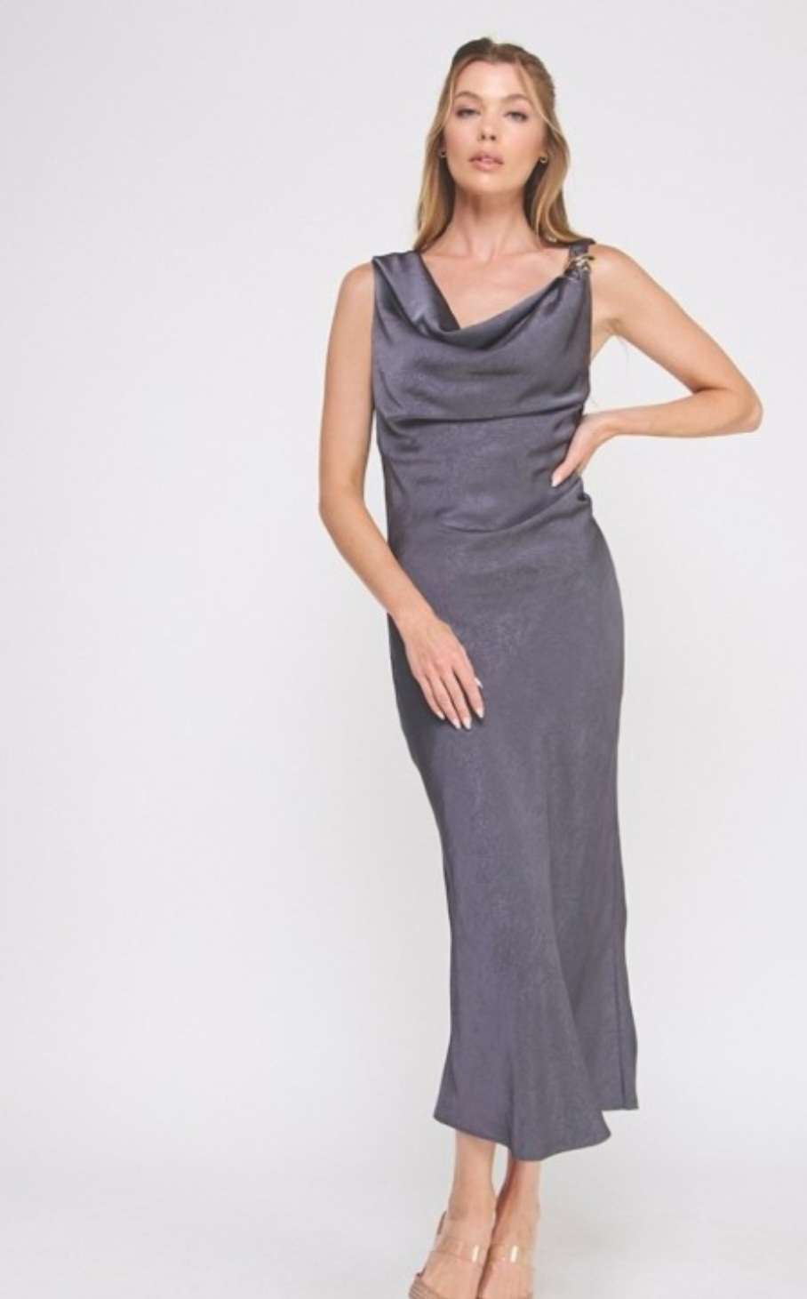 Blue cowl neck drape satin midi dress for women with elegant flowing silhouette and glossy finish – perfect for formal occasions.