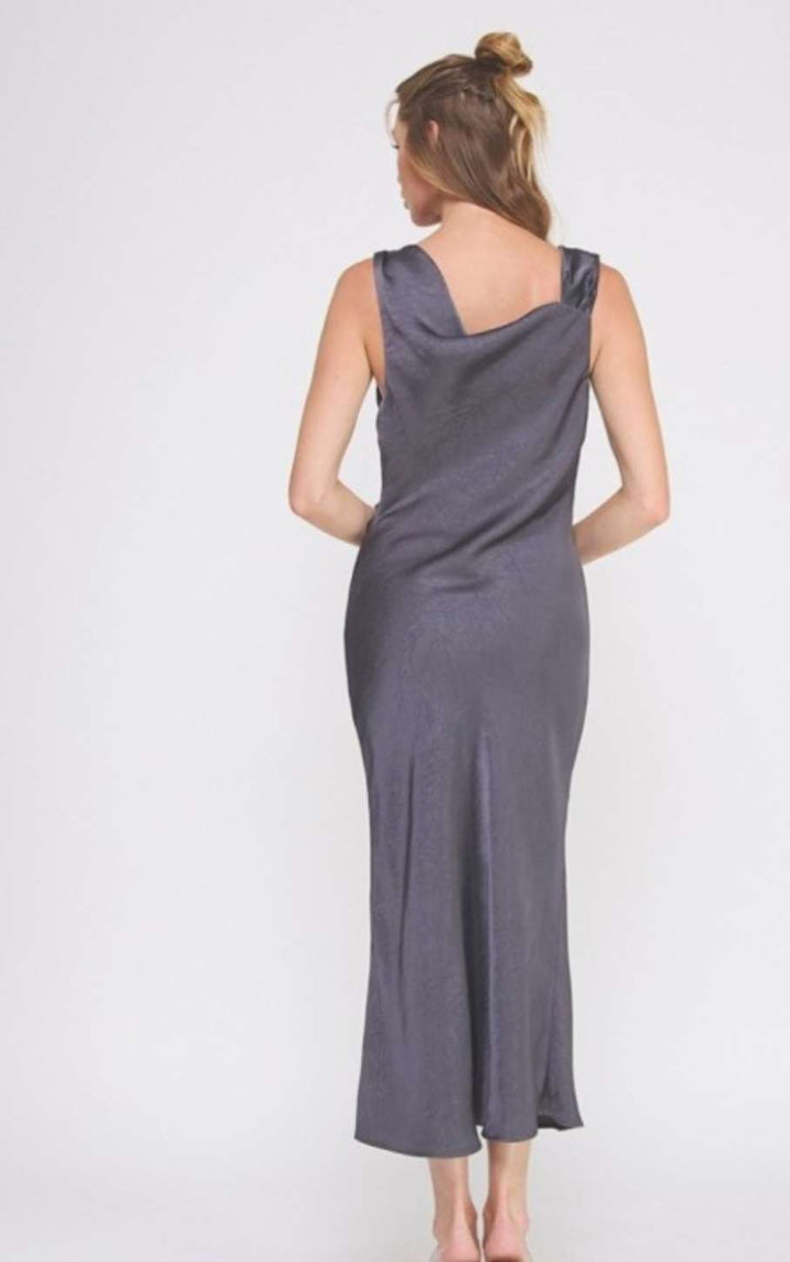 Blue cowl neck drape satin midi dress for women with elegant flowing silhouette and glossy finish – perfect for formal occasions.