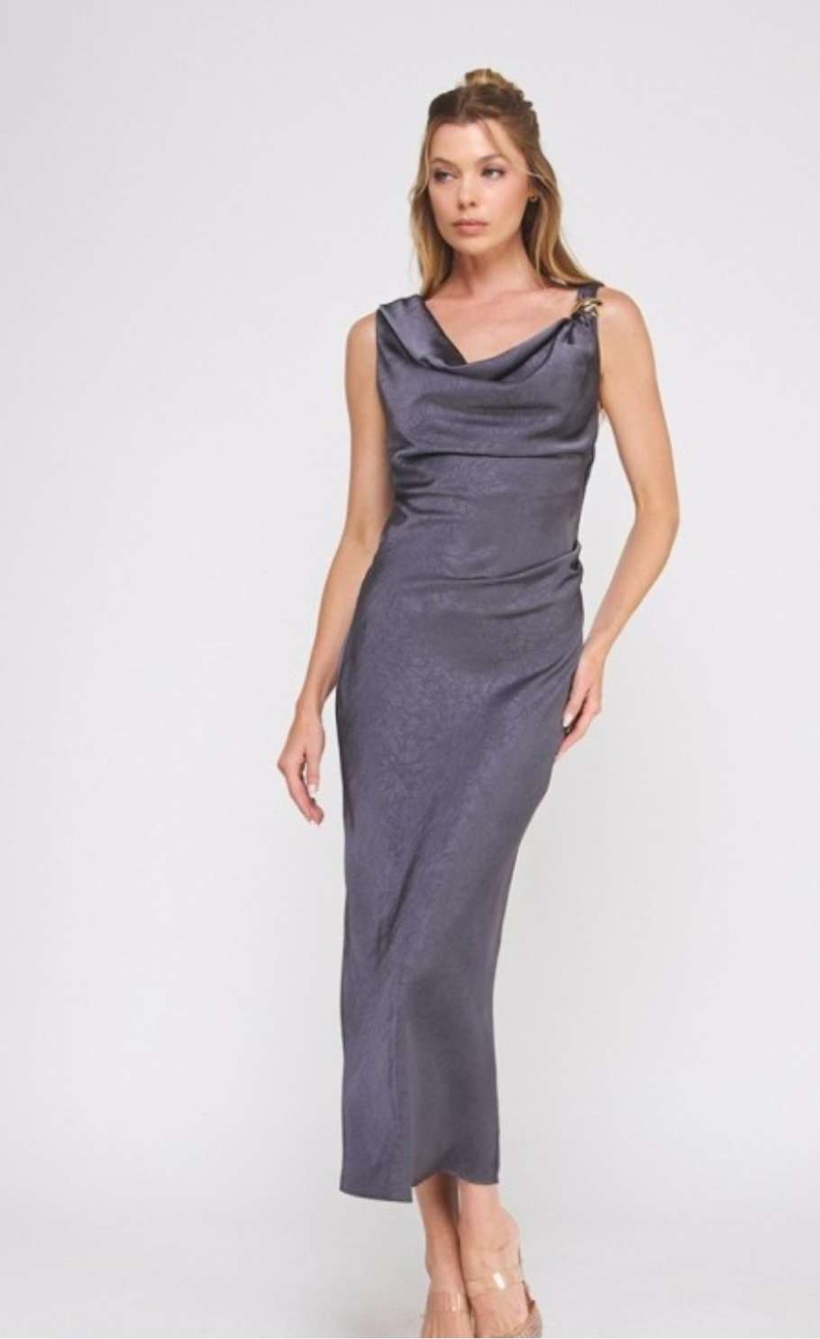 Blue cowl neck drape satin midi dress for women with elegant flowing silhouette and glossy finish – perfect for formal occasions.