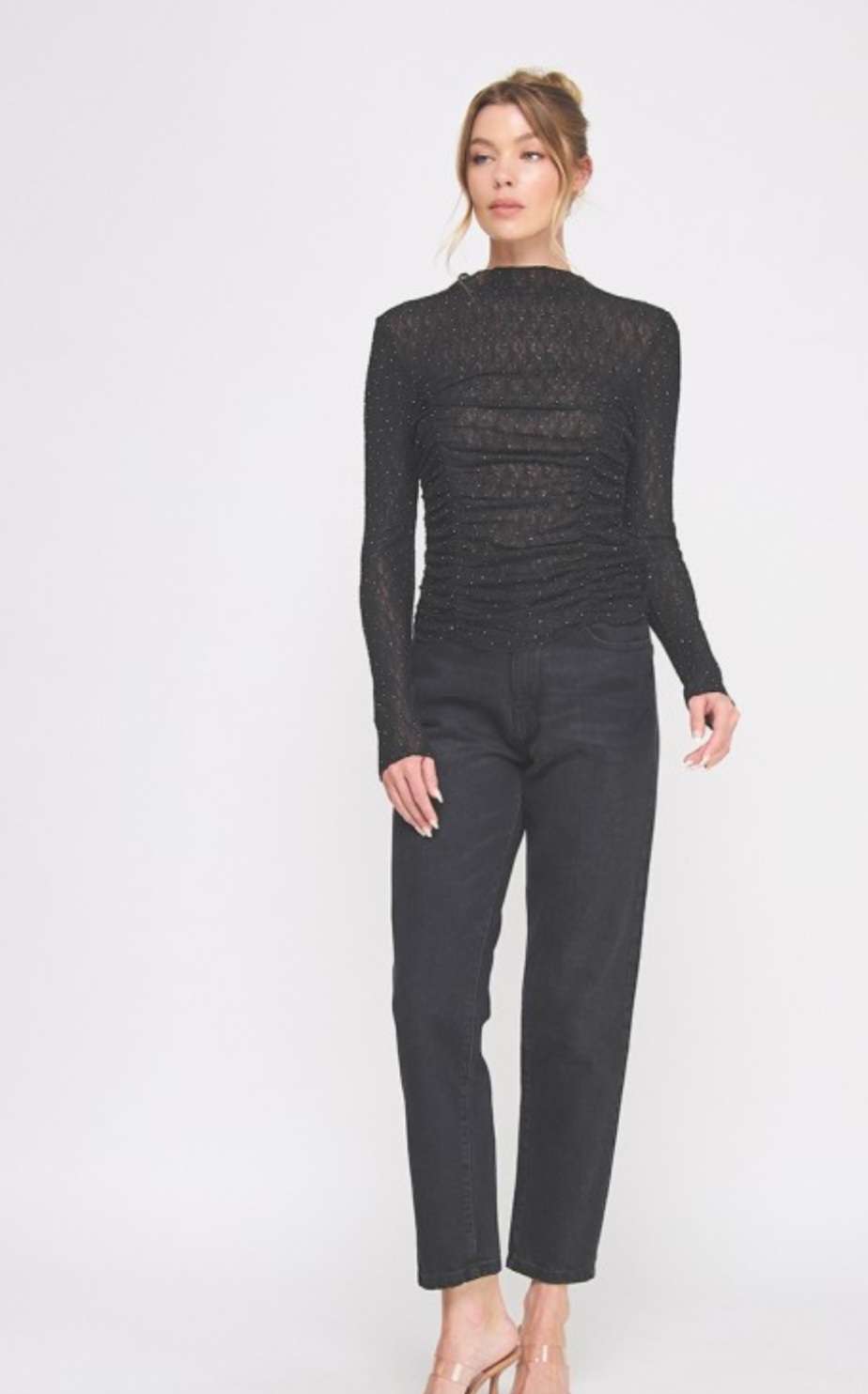 Women's black lace top with rhinestone embellishments and ruched detailing – elegant evening blouse for special occasions