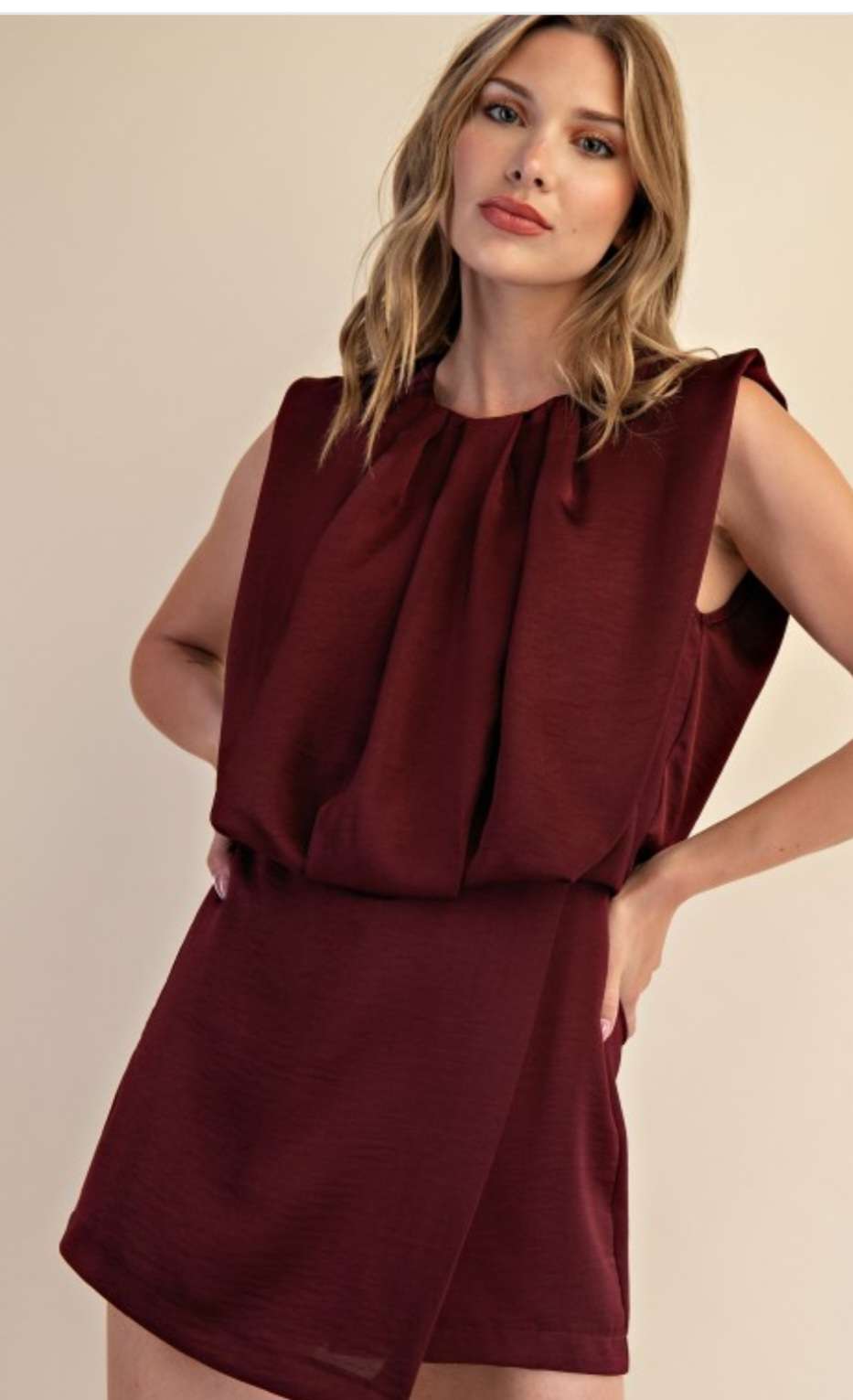 Women's burgundy round neck romper – stylish one-piece outfit with short sleeves for casual or evening wear