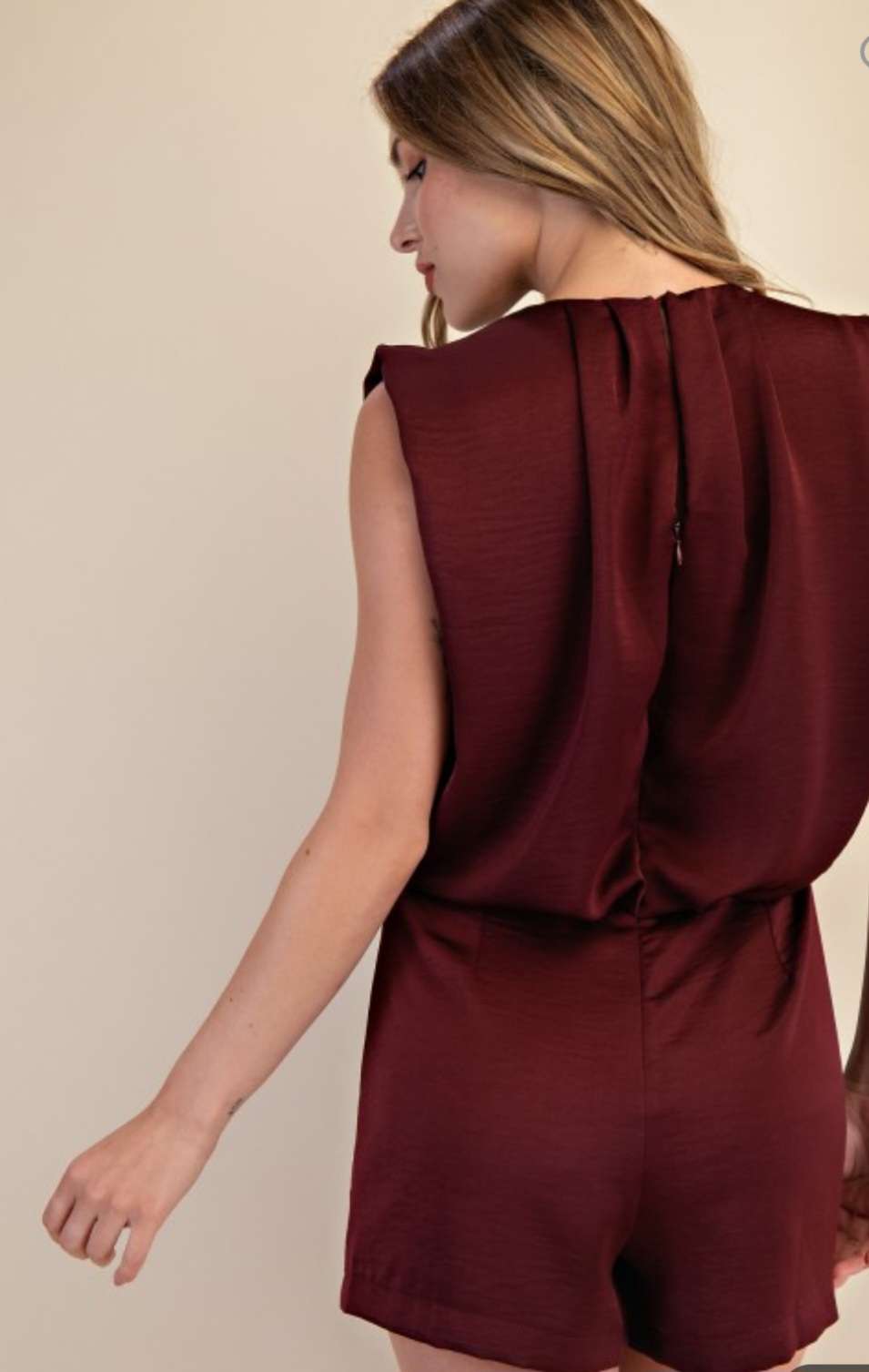 Women's burgundy round neck romper – stylish one-piece outfit with short sleeves for casual or evening wear