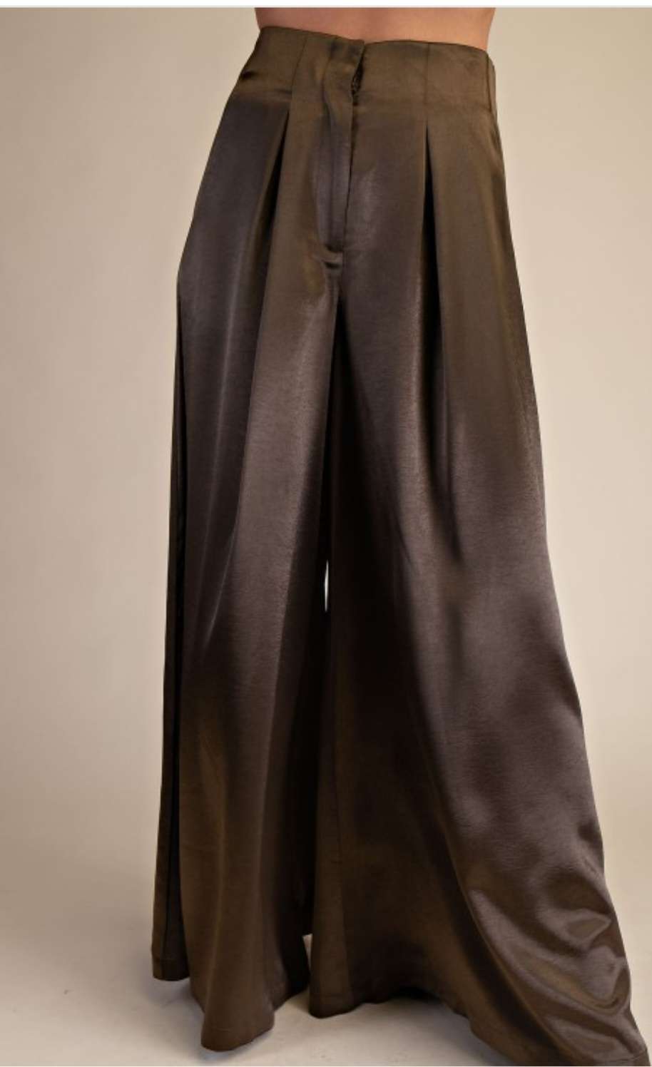 Olive satin palazzo pants for women with high waist and wide-leg fit – elegant and flowy formal trousers