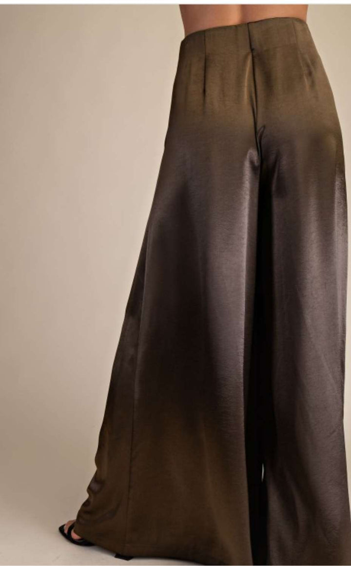 Olive satin palazzo pants for women with high waist and wide-leg fit – elegant and flowy formal trousers
