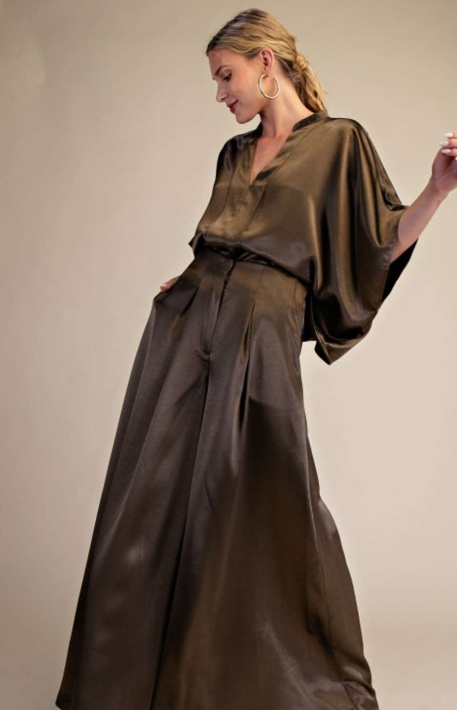 Olive satin palazzo pants for women with high waist and wide-leg fit – elegant and flowy formal trousers