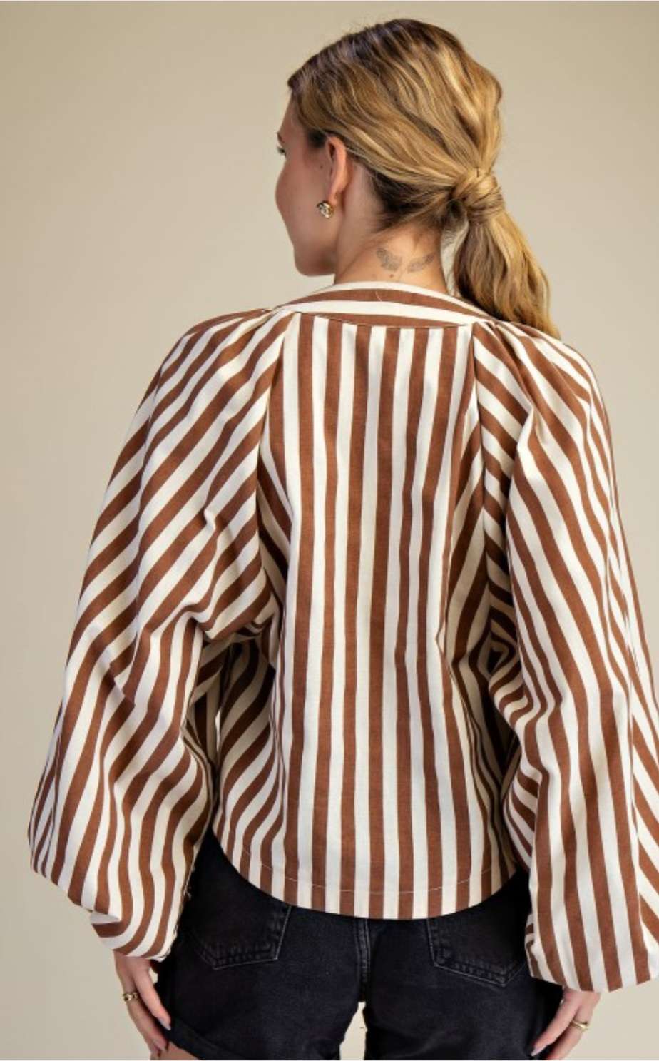 Women's camel striped tie front top with dolman sleeves – relaxed fit blouse for casual chic style