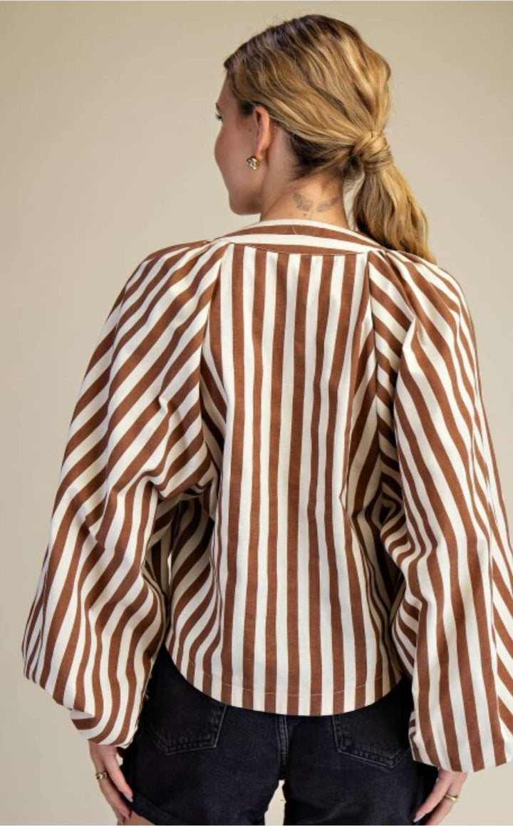 Women's camel striped tie front top with dolman sleeves – relaxed fit blouse for casual chic style