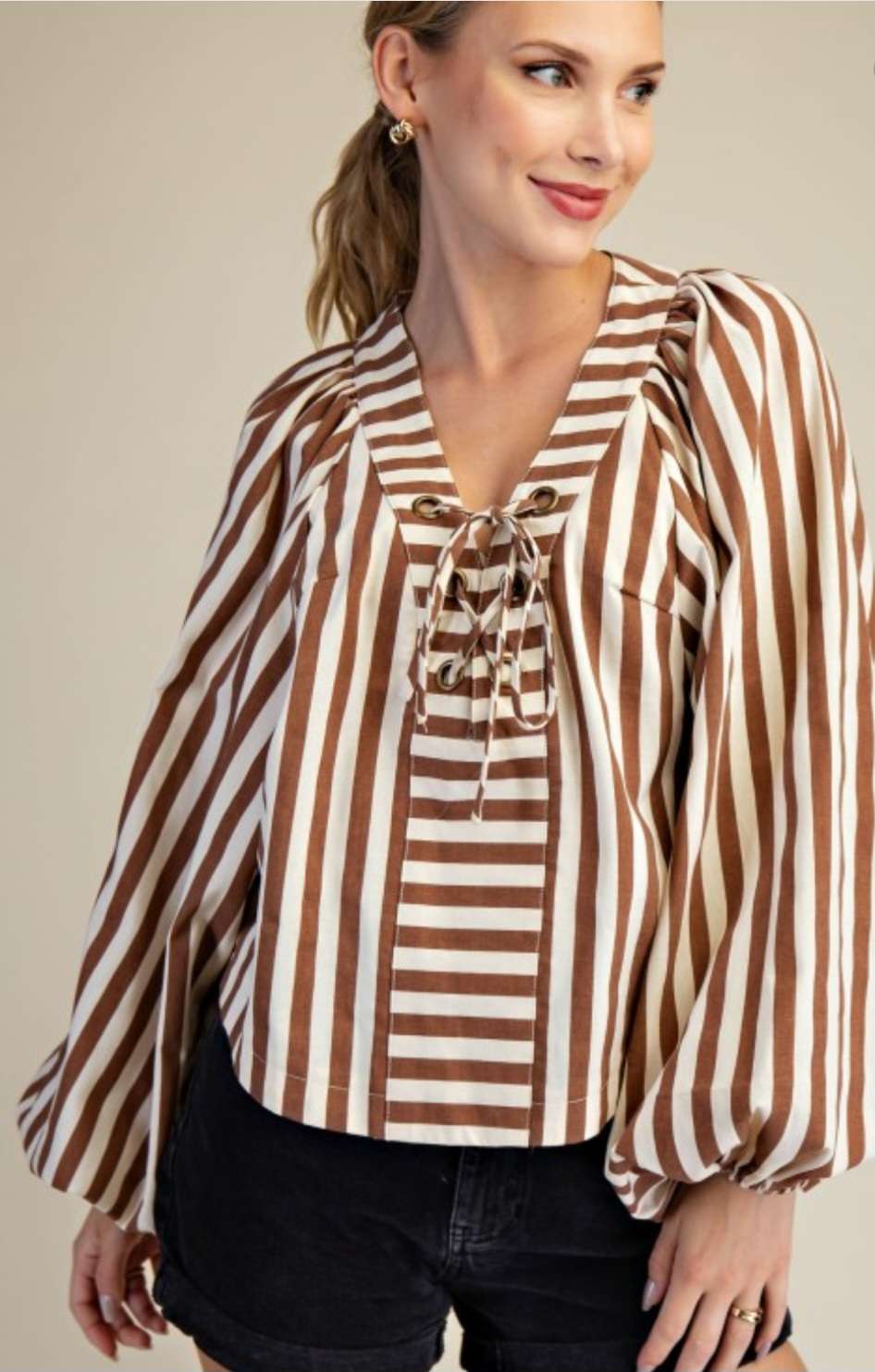 Women's camel striped tie front top with dolman sleeves – relaxed fit blouse for casual chic style