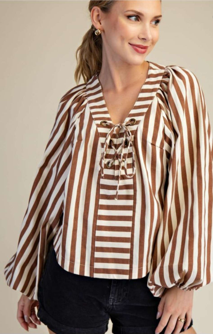 Women's camel striped tie front top with dolman sleeves – relaxed fit blouse for casual chic style