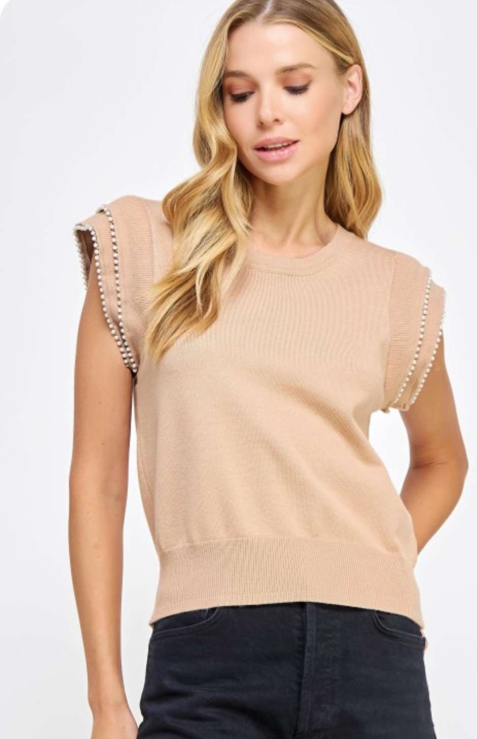 Women's tan pearl trim sleeveless knit top – soft fabric, elegant detailing, ideal for casual or dressy outfits
