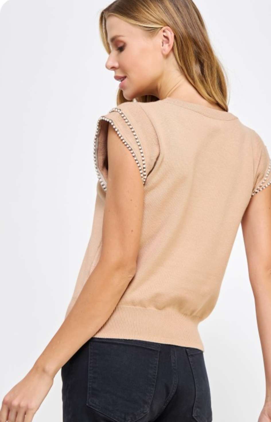 Women's tan pearl trim sleeveless knit top – soft fabric, elegant detailing, ideal for casual or dressy outfits
