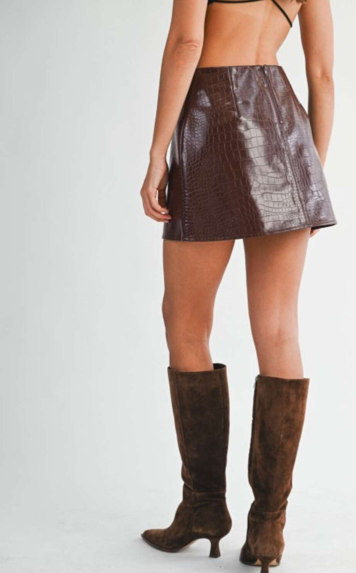 Women's brown faux leather mini skirt – short length, vegan leather, ideal for party or clubwear