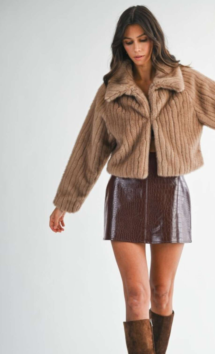 Women's brown faux leather mini skirt – short length, vegan leather, ideal for party or clubwear