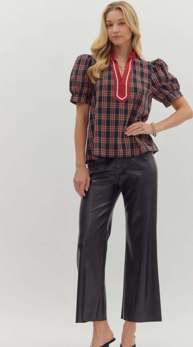 Trendy navy/burgundy plaid top – classic fall wardrobe staple