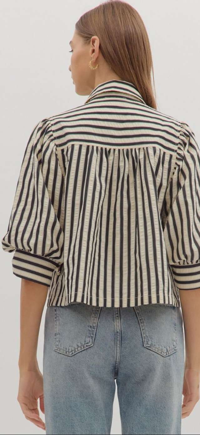 Black and white vertical stripe blouse with button front and 3/4 length sleeves