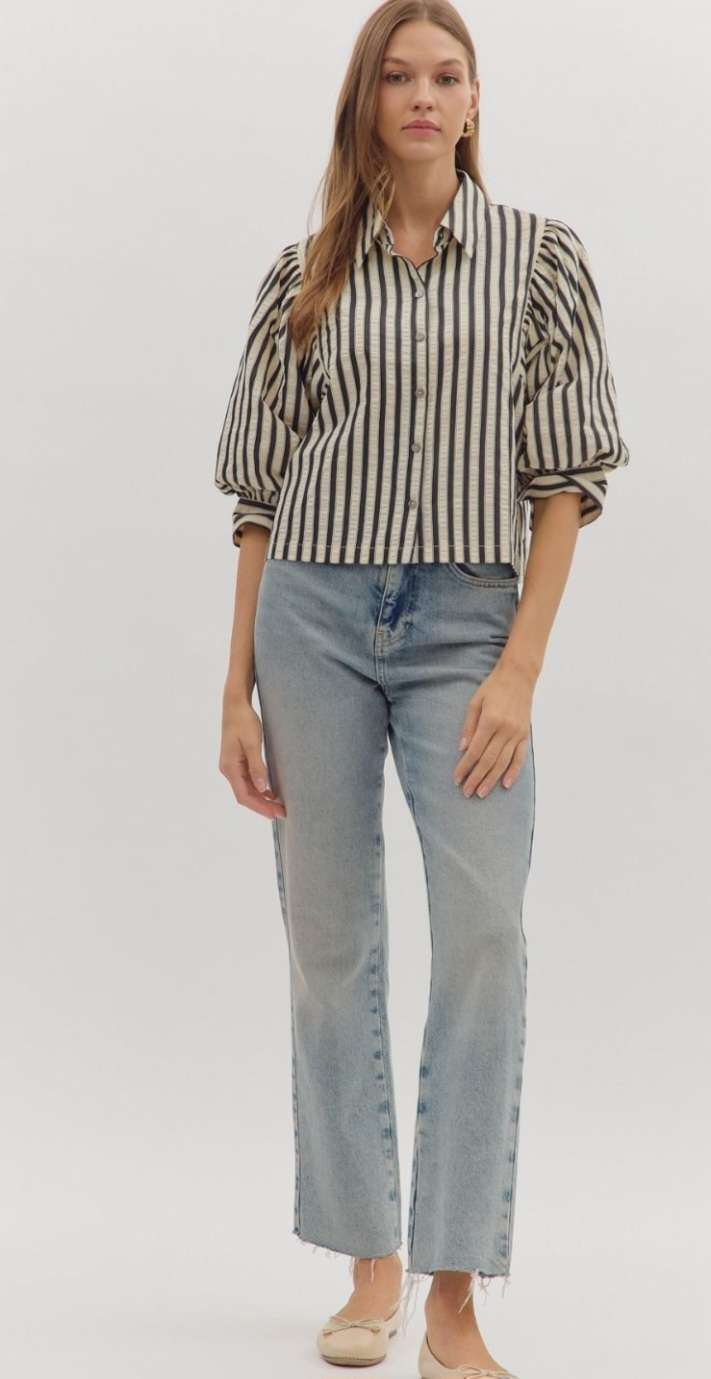 Black and white vertical stripe blouse with button front and 3/4 length sleeves