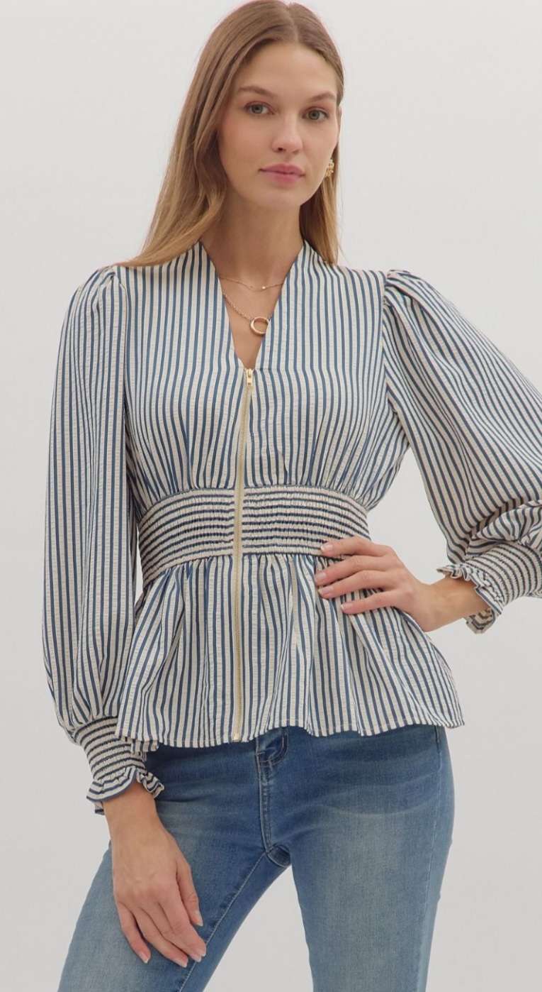 ndigo stripe zipper-front peplum blouse – fitted waist and flared hem