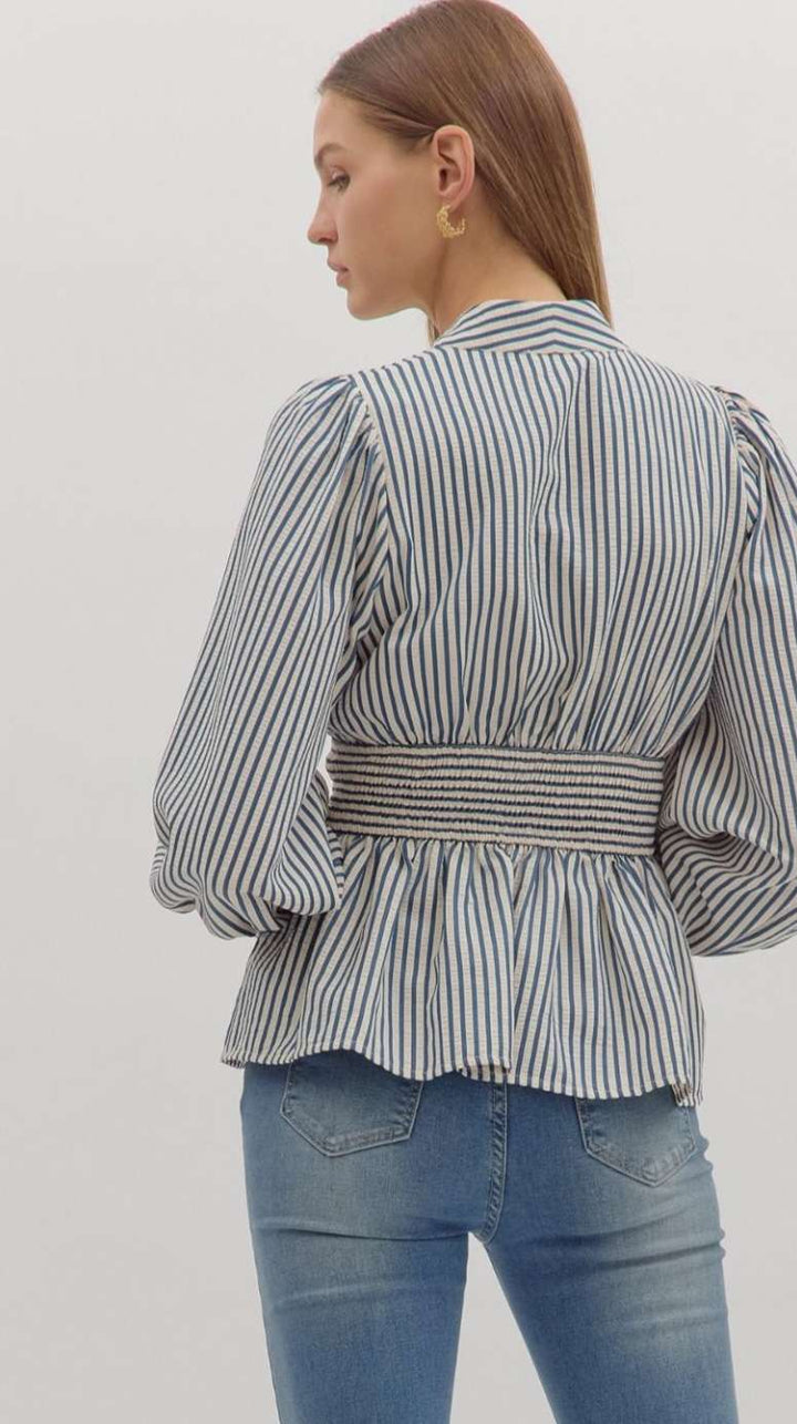 ndigo stripe zipper-front peplum blouse – fitted waist and flared hem