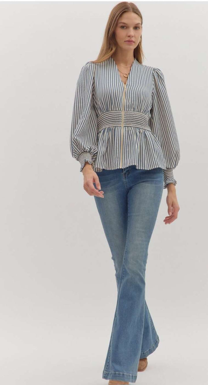 ndigo stripe zipper-front peplum blouse – fitted waist and flared hem