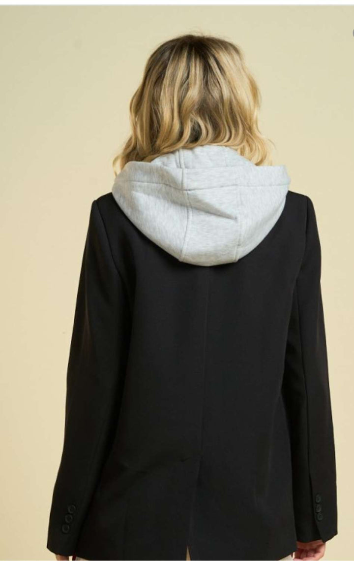 Black and grey hoodie blazer with a casual yet sophisticated design, featuring a comfortable hood and tailored blazer fit, perfect for smart-casual and streetwear styles.