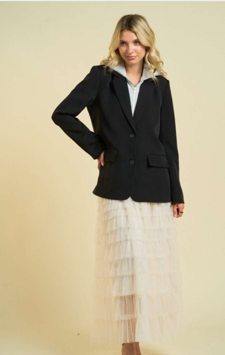 Black and grey hoodie blazer with a casual yet sophisticated design, featuring a comfortable hood and tailored blazer fit, perfect for smart-casual and streetwear styles.