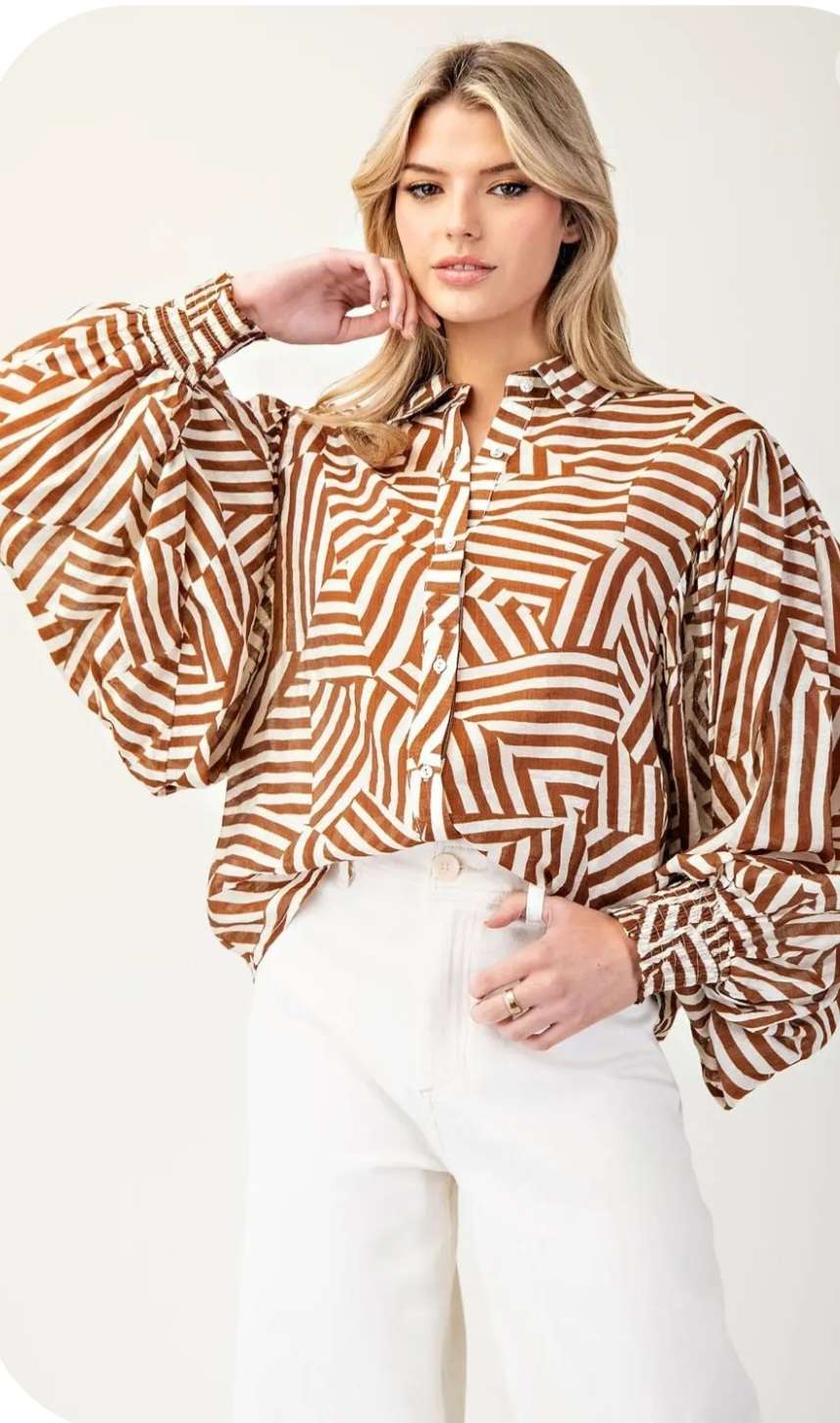 Coco geometric stripe bubble sleeve top for women – modern puff sleeve blouse with bold patterned stripes, ideal for casual chic or office wear